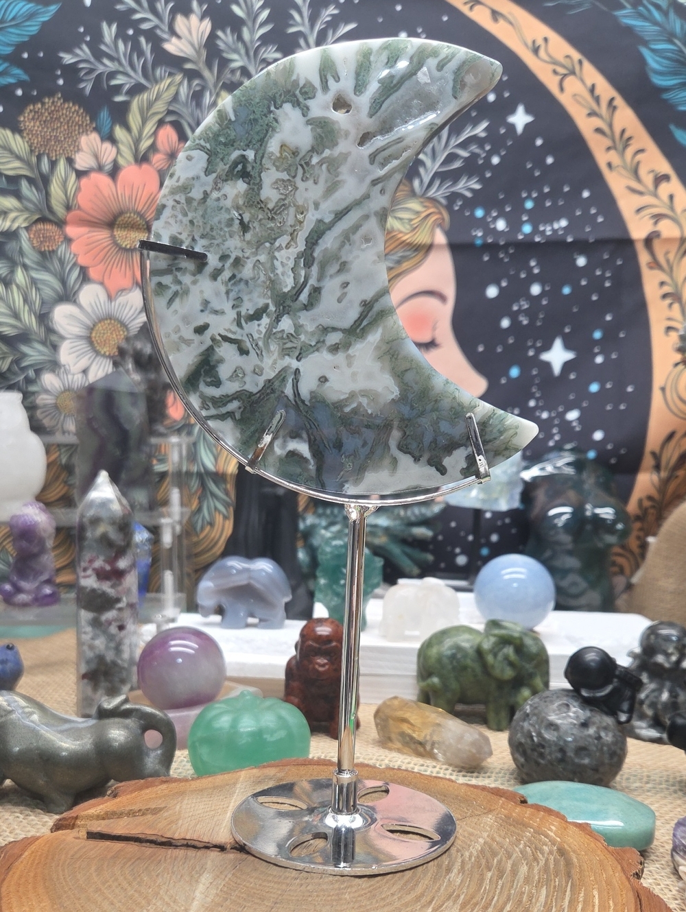 Moss Agate Moon Carving With Stand